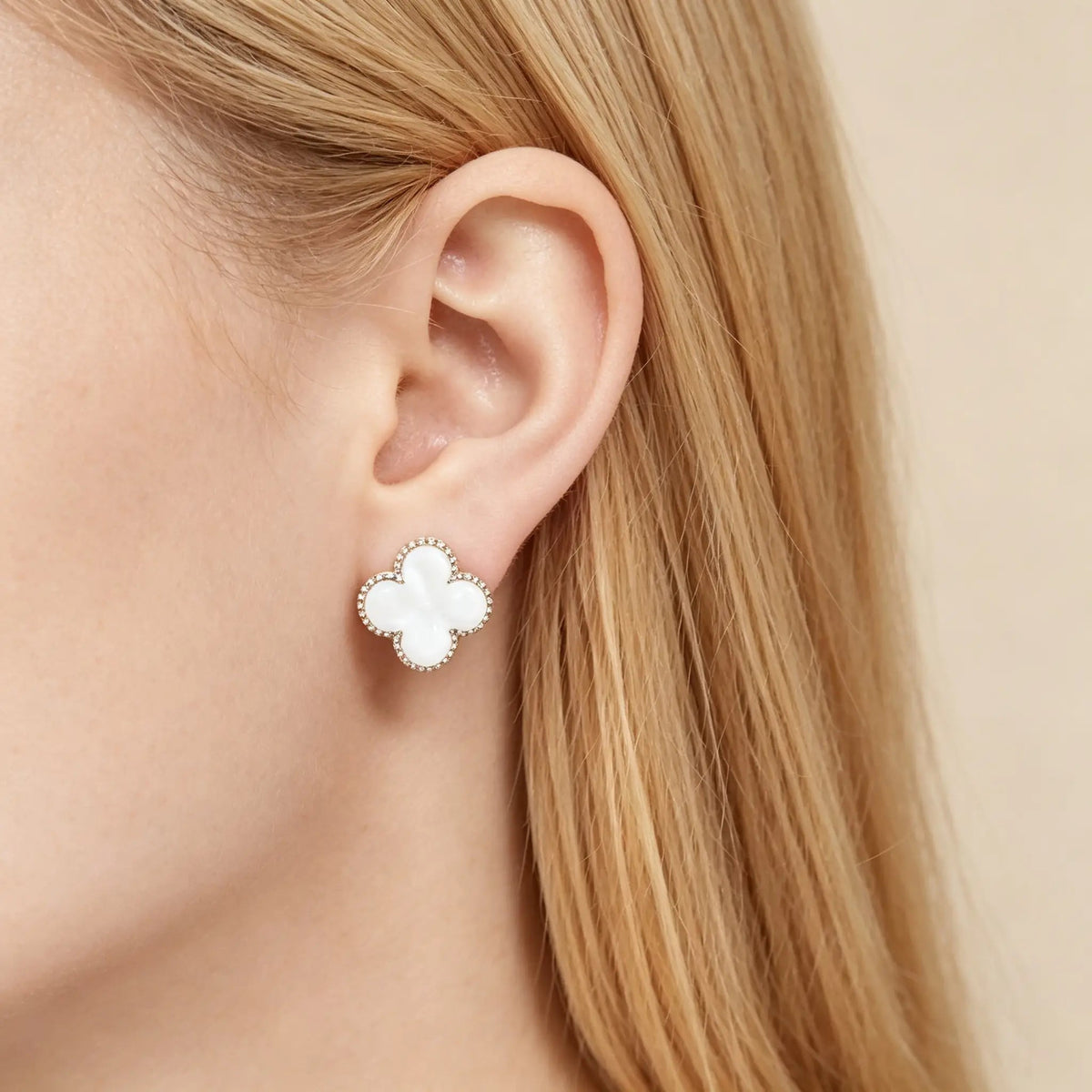 Van Cleef & Arpels Vintage Alhambra Collection 18K white gold mother-of-pearl four-leaf clover earrings