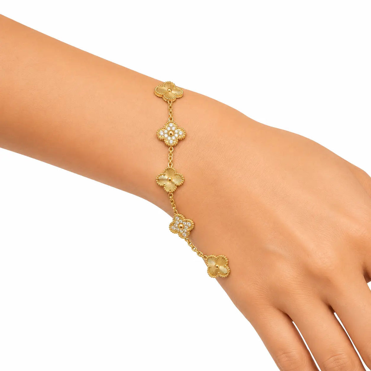 Van Cleef & Arpels Alhambra 5-Motif Bracelet with Guilloché and Diamond Accents
