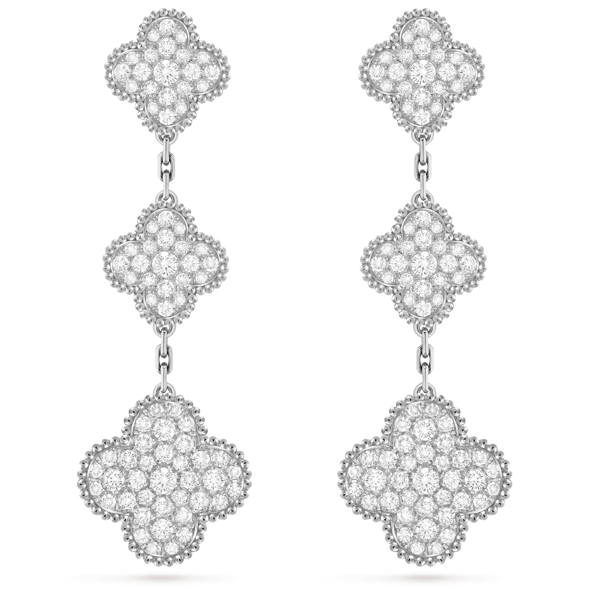 Van Cleef & Arpels Magic Alhambra Collection Trefoil White Gold Long Earrings with Full Diamonds