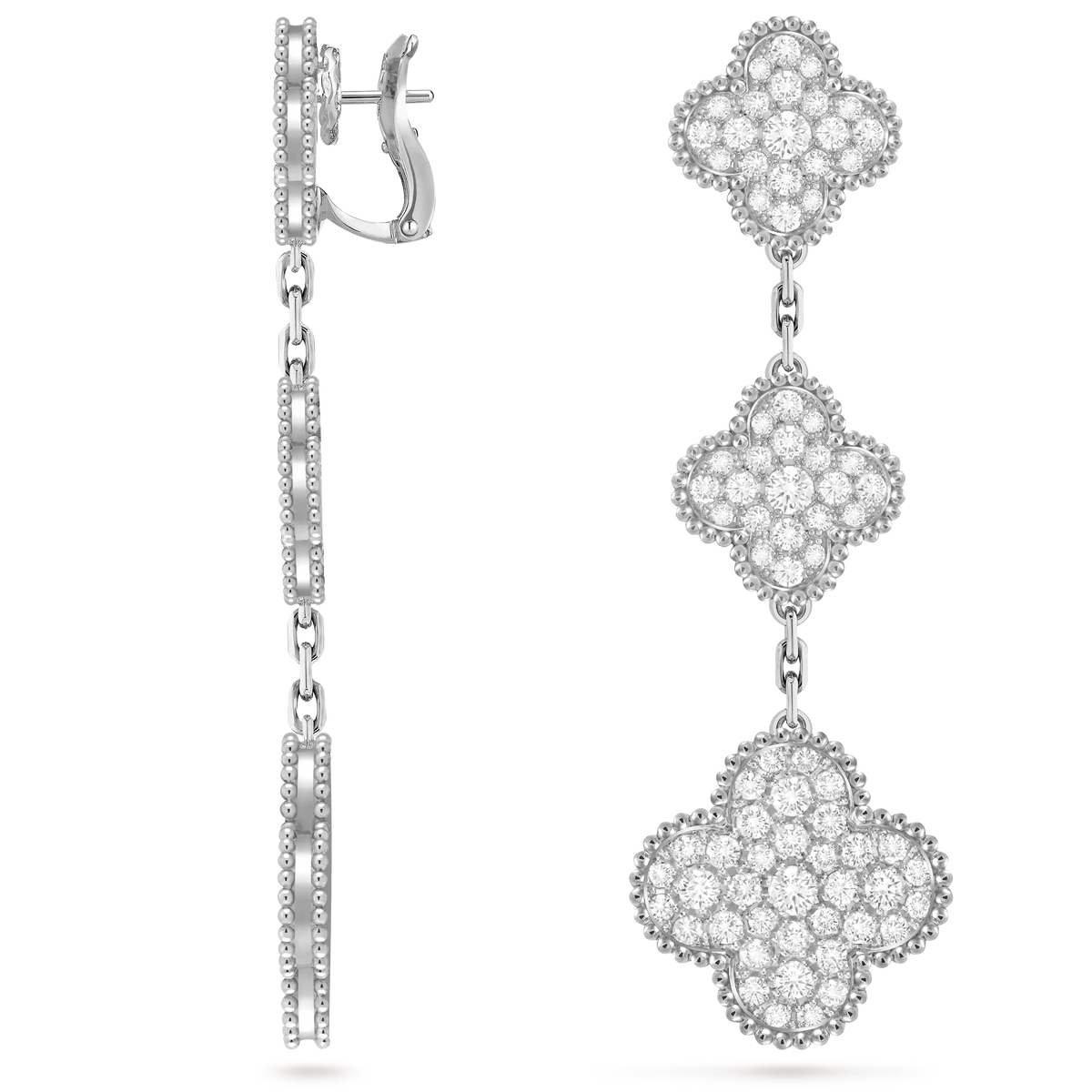 Van Cleef & Arpels Magic Alhambra Collection Trefoil White Gold Long Earrings with Full Diamonds